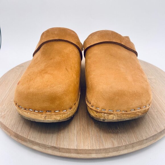 Swedish Wood Clogs Womens 8.5 39 Tan Brown Leather Slides Studded - Picture 3 of 12